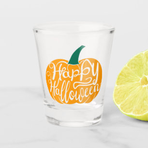 Happy Halloween lettering on carved pumpkin Shot Glass