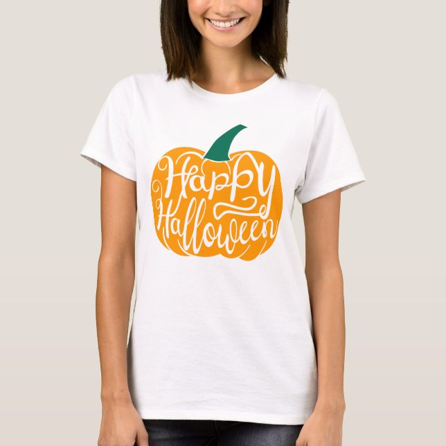Happy Halloween lettering on carved pumpkin T-Shirt (Front)