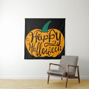 Happy Halloween lettering on carved pumpkin Tapestry