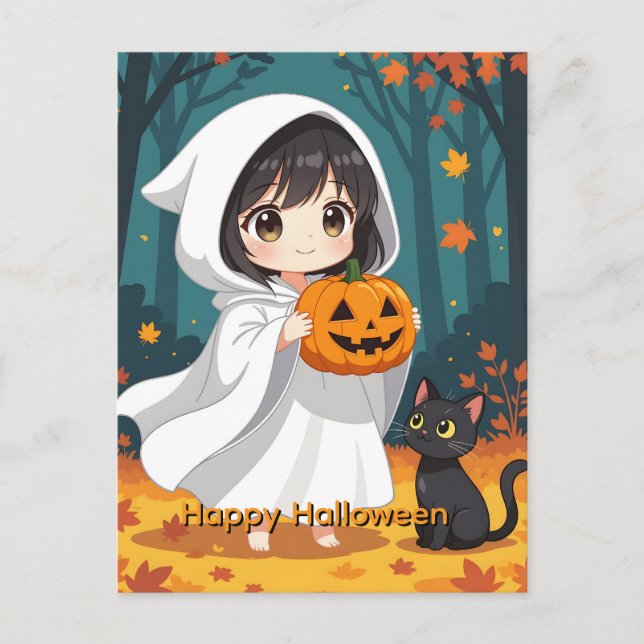 Happy Halloween Little girl Ghost and Black cat Holiday Postcard (Front)