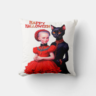 Happy Halloween Little Witch And Her Black Cat Cushion