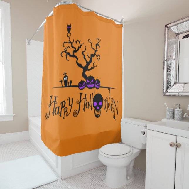 Happy Halloween Logo and Pumpkins and Skull Shower Curtain (In Situ)
