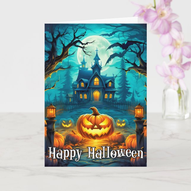 Happy Halloween Mischievous Glowing Pumpkins Card (Orchid)