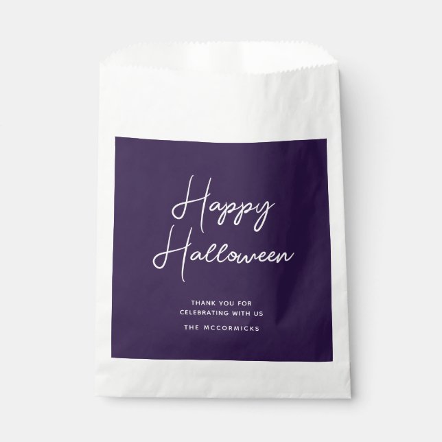 Happy Halloween Modern Purple Script Name Candy Favour Bags (Front)