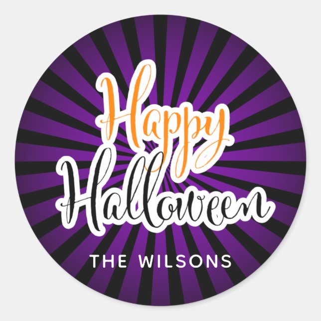 Happy Halloween Modern Typography Purple Black Classic Round Sticker (Front)