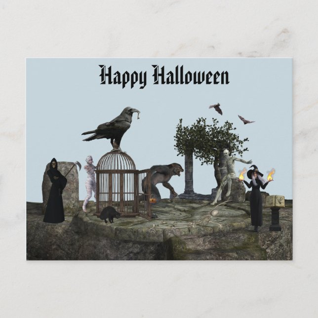 Happy Halloween Monster Scene Werewolf Zombie Postcard (Front)