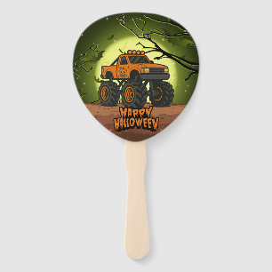 Happy Halloween Monster Truck with bats and moon Hand Fan