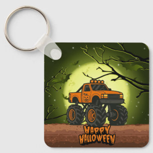 Happy Halloween Monster Truck with bats and moon Key Ring