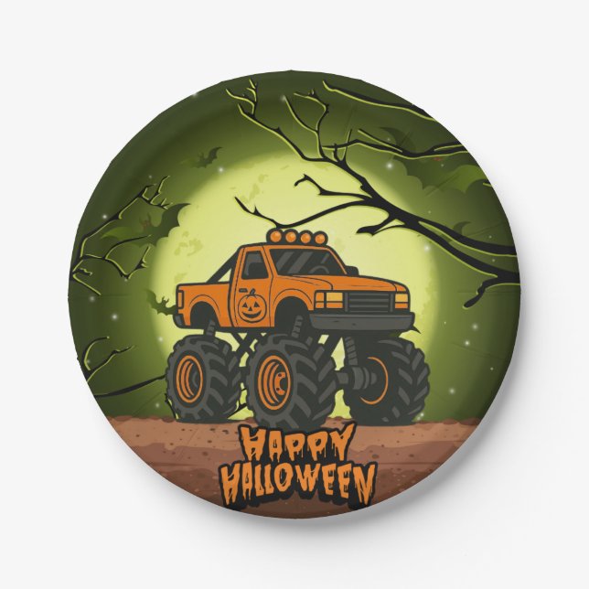 Happy Halloween Monster Truck with bats and moon Paper Plate (Front)