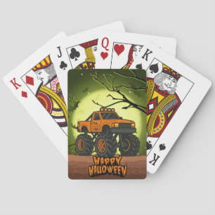 Happy Halloween Monster Truck with bats and moon Playing Cards