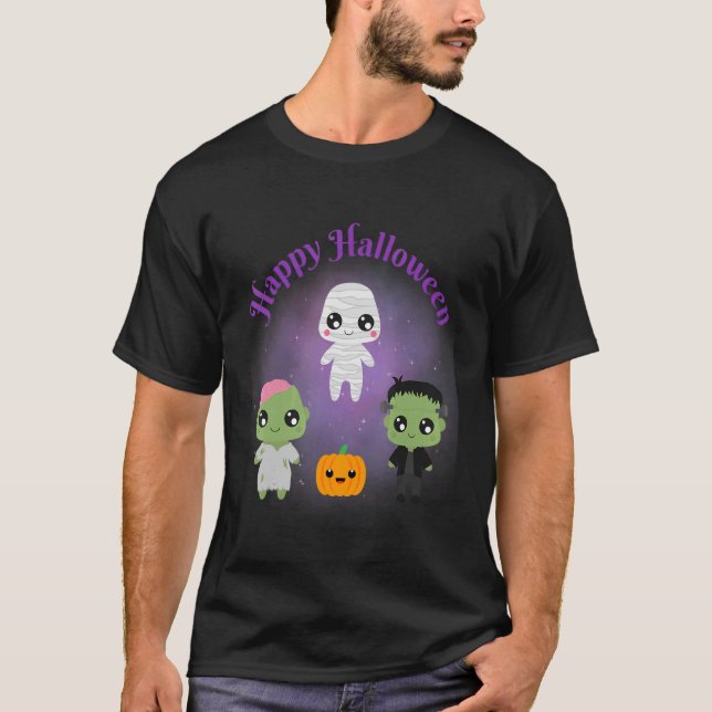 Happy Halloween Monsters Mummy Frankenstein Zombie T-Shirt (Front)