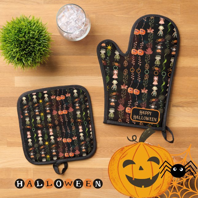 Happy Halloween Monsters Oven Mitt & Pot Holder Set ( Happy Halloween Monsters Oven Mitt & Pot Holder Set )