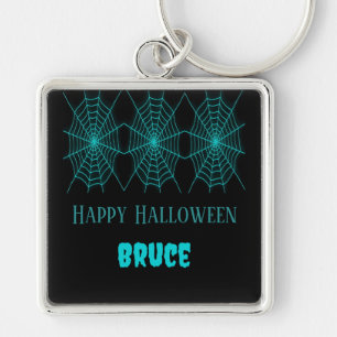 Happy Halloween neon blue spiderweb black Key Ring