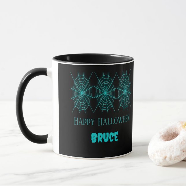 Happy Halloween neon blue spiderweb black Mug (With Donut)