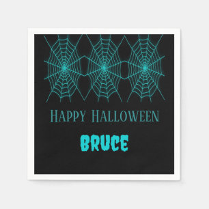 Happy Halloween neon blue spiderweb black Napkin