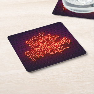Happy Halloween Neon Look Witch Bat Brick Party Square Paper Coaster