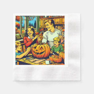 Happy Halloween Nostalgic Family Carving Pumpkins Napkin