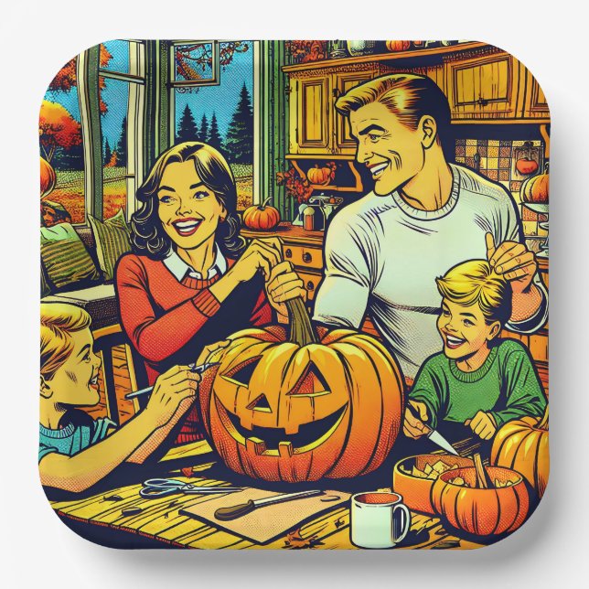 Happy Halloween Nostalgic Family Carving Pumpkins Paper Plate (Front)