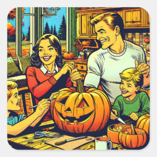 Happy Halloween Nostalgic Family Carving Pumpkins Square Sticker