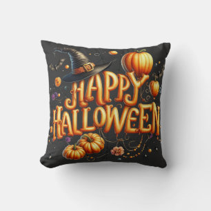 Happy Halloween Orange Balloon Letters Pumpkins Cushion