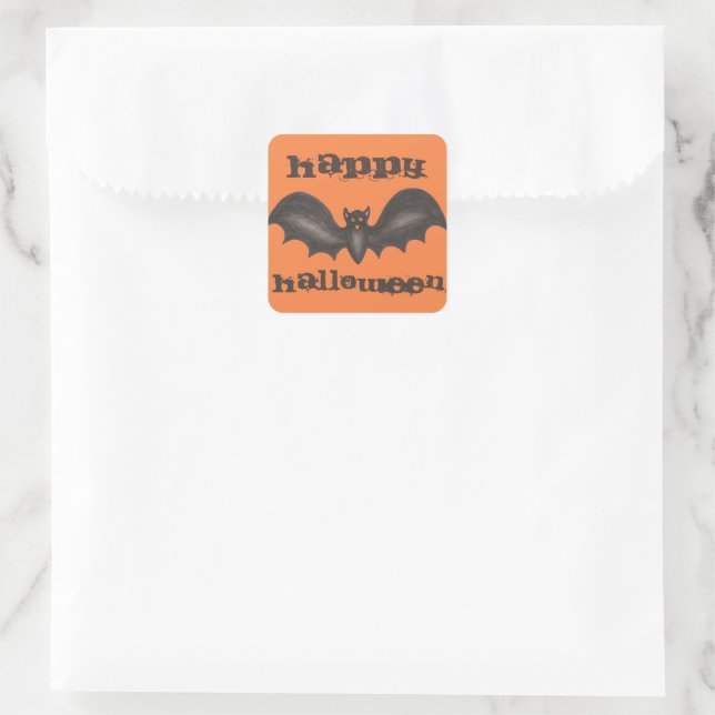 Happy Halloween Orange Black Bat Trick or Treat Square Sticker (Bag)