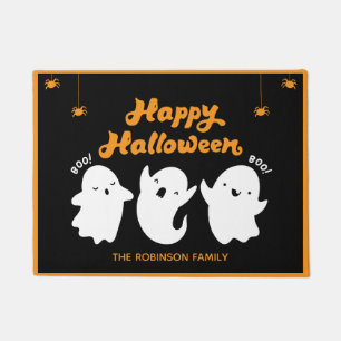 Happy Halloween Orange Black Ghosts Monogram Name Doormat