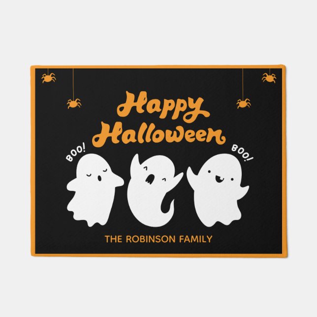 Happy Halloween Orange Black Ghosts Monogram Name  Doormat (Front)