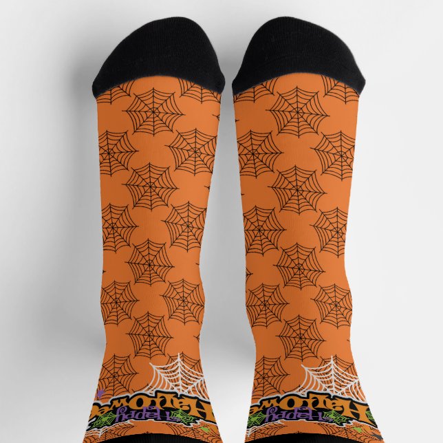 Happy Halloween Orange Black Spiderweb Cute Socks (Top)