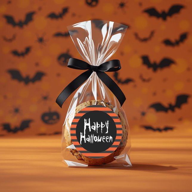 Happy Halloween Orange Black Striped Spooky Font Classic Round Sticker (Happy Halloween Orange Black Striped Spooky Font Classic Round Sticker by Ricaso. Trick or treat)