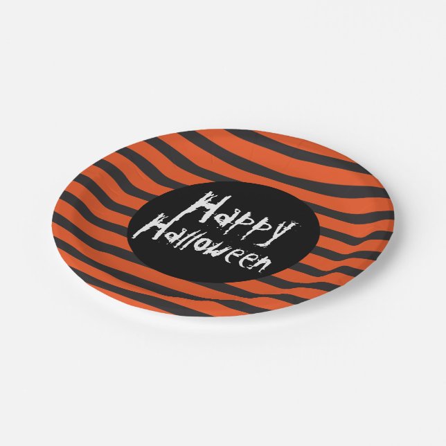 Happy Halloween Orange Black Striped Spooky Font Paper Plate (Angled)