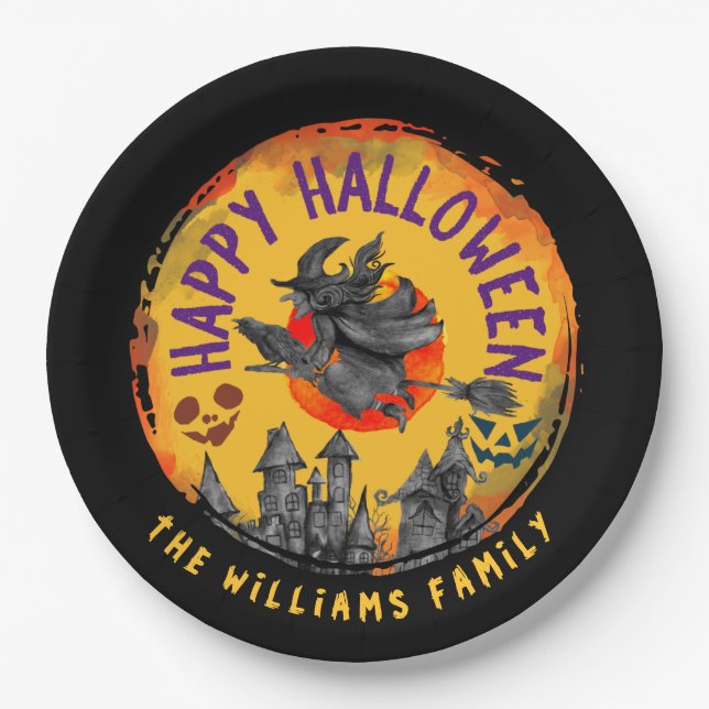 Happy Halloween Orange Black Witch Broomstick  Paper Plate (Front)