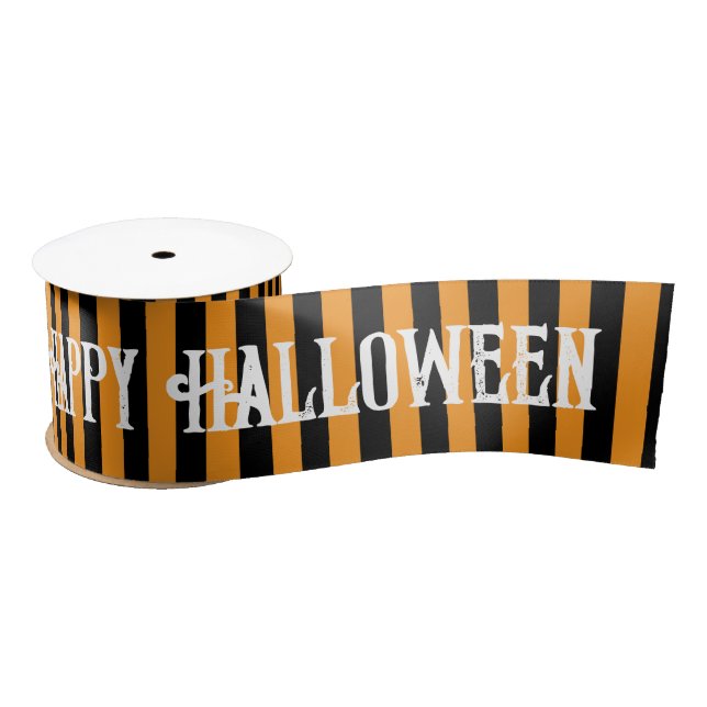 Happy Halloween Orange Black Witch Stripes Satin Ribbon (Spool)