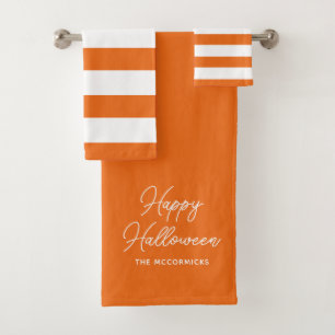 Happy Halloween Orange Chic Script Personalised Bath Towel Set