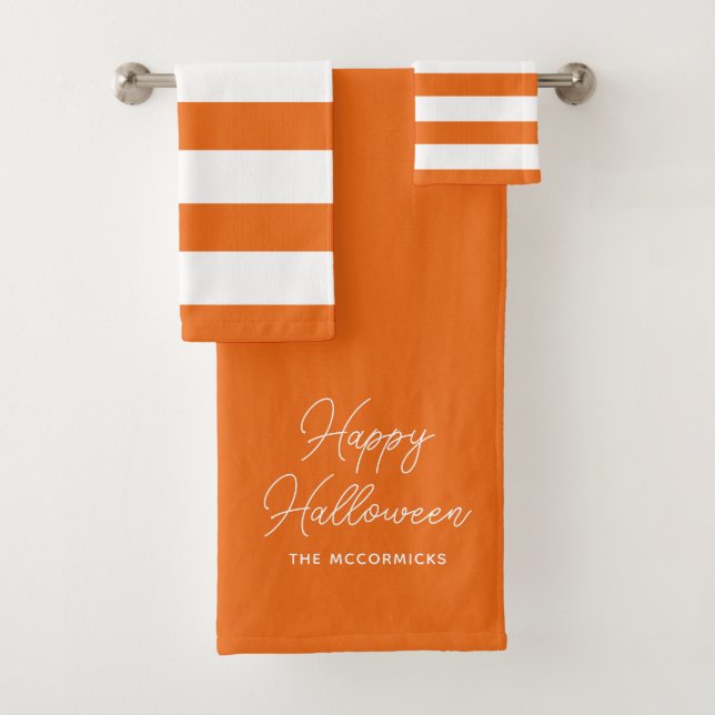 Happy Halloween Orange Chic Script Personalised Bath Towel Set (Insitu)
