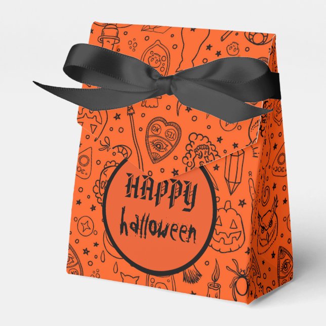 Happy Halloween Orange Doodle Pattern Favour Box (Front Side)
