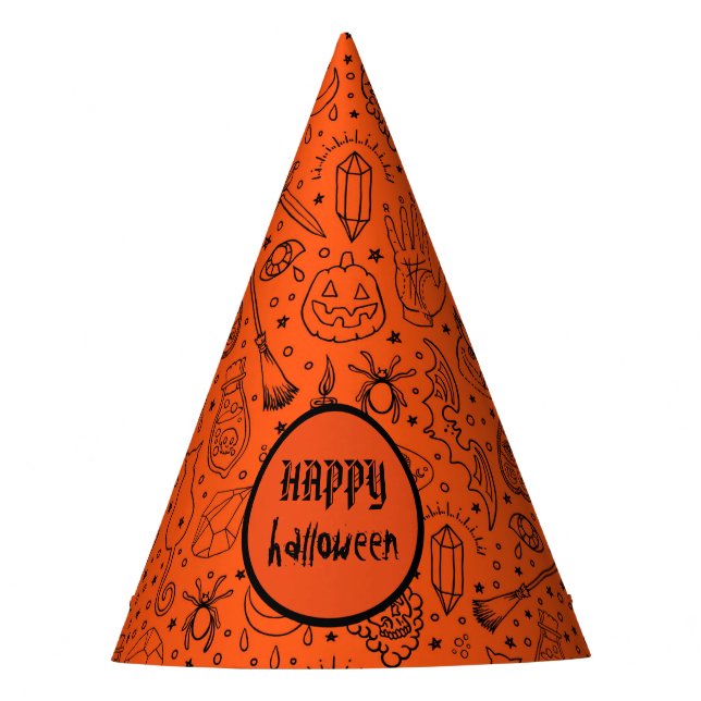 Happy Halloween Orange Doodle Pattern Party Hat (Front)