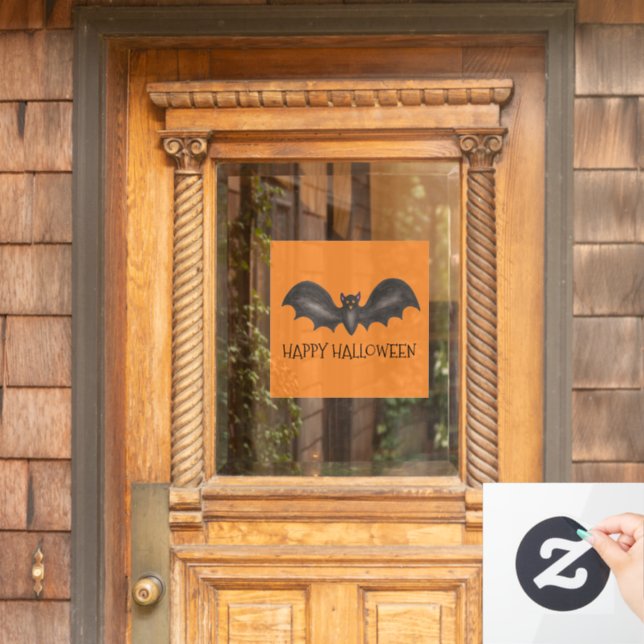 Happy Halloween Orange Flying Black Bat Window Cling (Home Door)