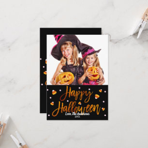 Happy Halloween Orange Foil Modern Script Photo Card