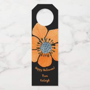 Happy Halloween Orange & Grey Spooky Flower Thanks Bottle Tag