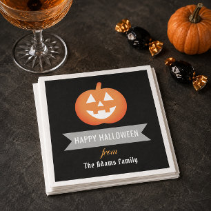 Happy Halloween Orange Jack o Lantern Family Name Napkin