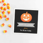 Happy Halloween Orange Jack O Lantern Pumpkin Napkin<br><div class="desc">Stylish custom "Happy Halloween" paper party napkins feature a smiling jack-o-lantern  pumpkin,  custom text that you can personalise for your holiday / party with a family name,  and classic orange,  black,  grey,  and white colours.</div>