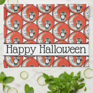 Happy Halloween Orange Owl Moon Vintage Whimsical Tea Towel