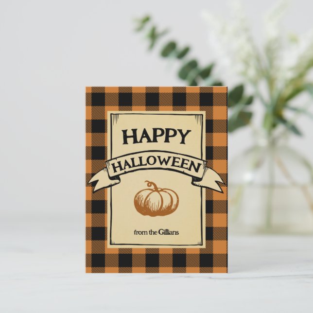 happy halloween orange plaid postcard (Standing Front)