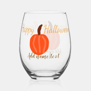 Happy Halloween orange pumpink fall orange brown Stemless Wine Glass