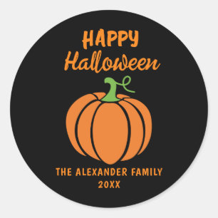 Happy Halloween Orange Pumpkin Black  Classic Round Sticker