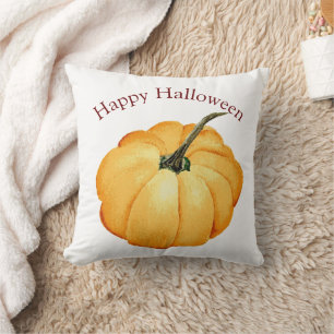 Happy Halloween orange pumpkin retro watercolor Cushion