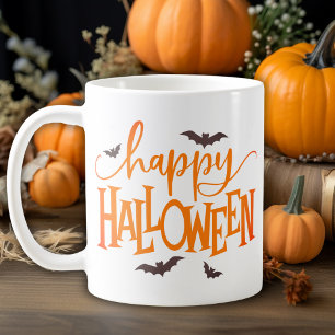 Happy Halloween Orange Script with Black Bats Coffee Mug