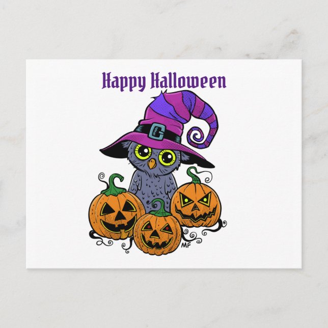 Happy Halloween owl and pumpkin, personalised Postcard (Front)