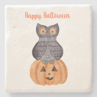Happy Halloween Owl and Pumpkin Stone Coaster