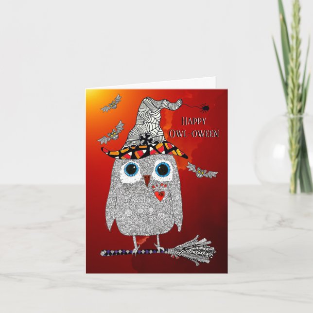 Happy Halloween Owl on the Broom Greeting Card (Front)